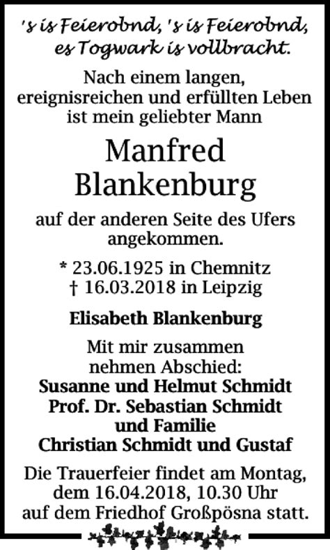 Traueranzeigen Von Manfred Blankenburg Trauer Anzeigen De