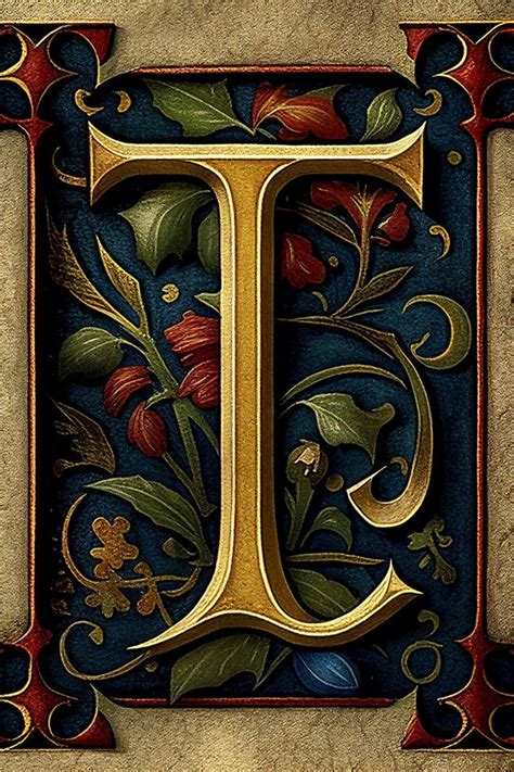 Illuminated Manuscript Letter T Initial With Classic Flourish Floral ...