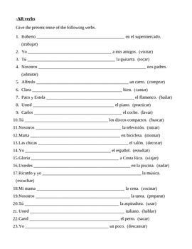 AR Verbs In Spanish Verbos AR Present Tense Worksheet 1 Teaching