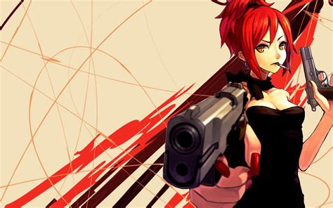 Red Haired Female Anime Character Holding Gun Hd Wallpaper Wallpaper