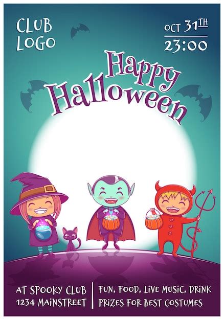 Cartel de halloween con niños disfrazados de bruja vampiro y diablo