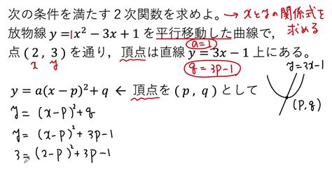 【動画で解説】放物線 Y＝x²ー3x＋1 を平行移動した曲線で，点 2 3 を通り，頂点が直線 Y＝3xー1 上にある2次関数を求める