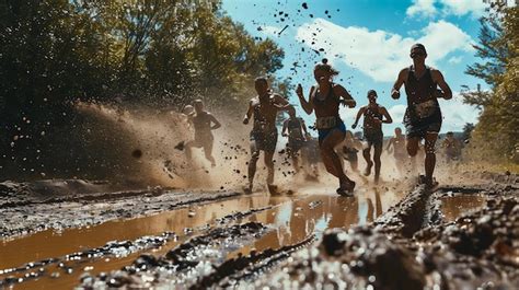 Premium Photo Runners Compete In A Mud Run Obstacle Course Race They