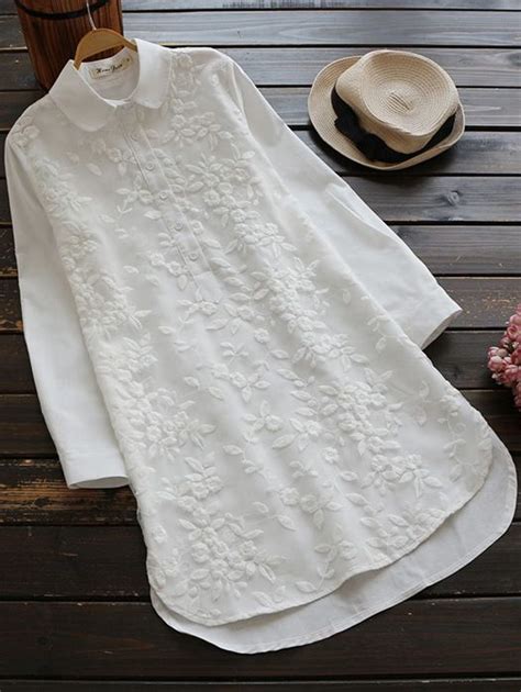 Is That The New Floral Embroidered Dip Hem Shirt Dress Women White