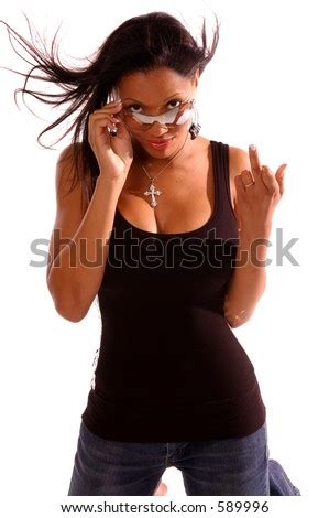 Sexy African American Woman In Casual Fashion Flipping The Camera Off