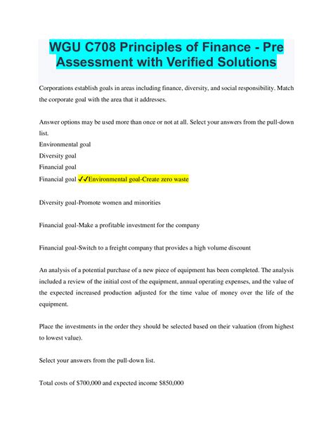 WGU C708 Principles Of Finance Pre Assessment With Verified Solutions