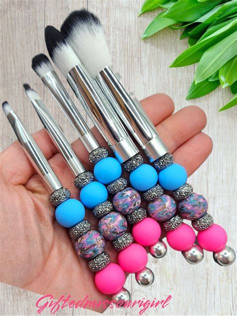 Western Print Makeup Brush Set 5 Piece Pink Blue Beaded Makeup Brushes Makeup