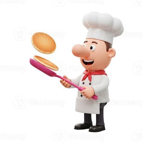 A cheerful cartoon chef in uniform flips pancakes with a pink spatula
