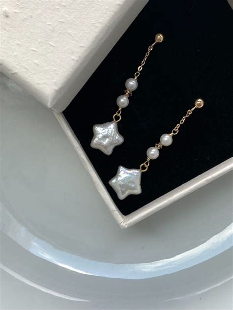 White Pearl Star Dangle Earrings White Fresh Water Pearl Star Etsy