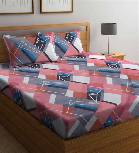 Buy Multicolor Geometric 300 Tc Cotton Blend King Sized Bed Sheets With