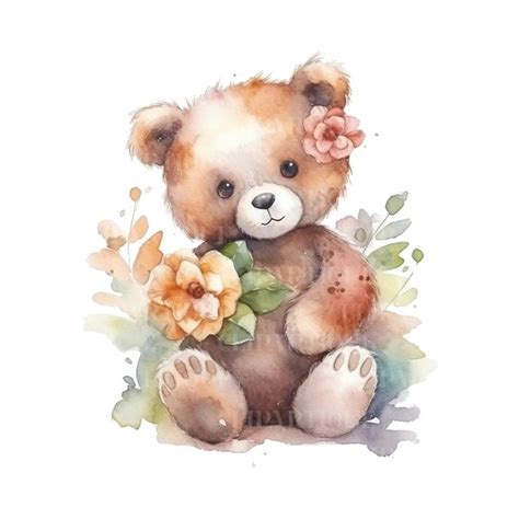 TEDDY BEAR Png 12pc, Water Color CLIPART, Floral Teddy Png, Digital ...