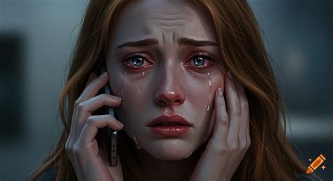Close-up digital art portrait of a young woman with red hair crying
