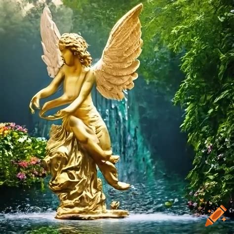 Monet Inspired Painting Of A Gold Angel Statue In A Victorian Garden On