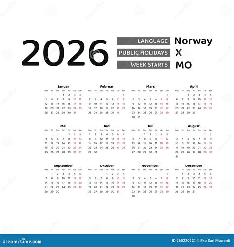 Calendar 2026 Norwegian Language with Norway Public Holidays. Stock