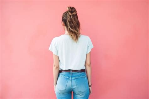 Vista Posterior De Una Mujer Con Camiseta En Blanco Y Jeans Sobre Fondo