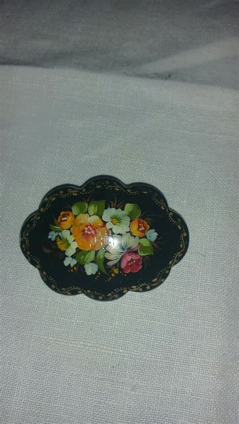 Vintage Russian Hand Painted Floral Lacquered Wood Br Gem