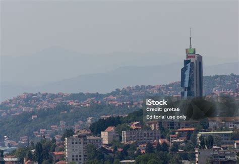 View From The Top Of Sarajevo City With The Avaz Tower Skyscraper Stock