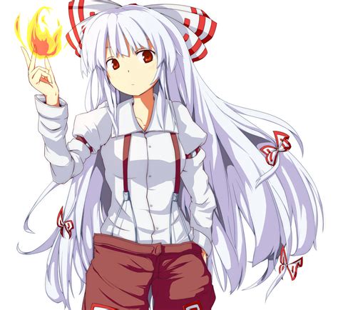 Safebooru Araco Fire Fujiwara No Mokou Hair Ribbon Long Hair Red Eyes