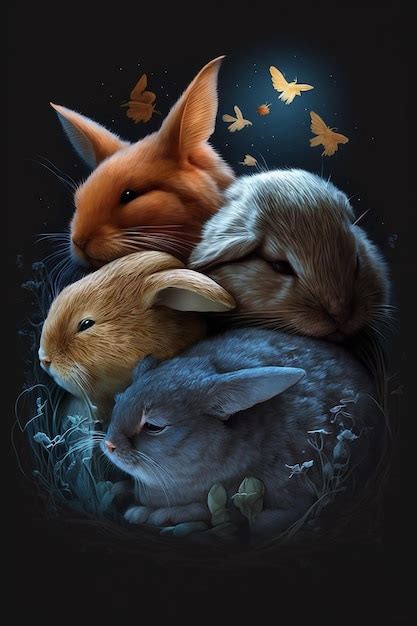 Premium Photo A Painting Of Three Rabbits And A Butterfly