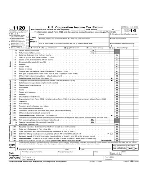 Form 1120 - Corporate Income Tax Return (2014) Free Download