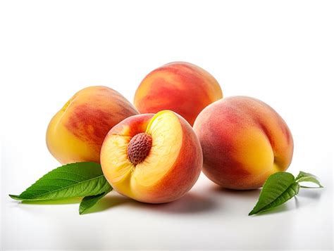 Premium AI Image Four Peaches With Green Leaves On A White Background