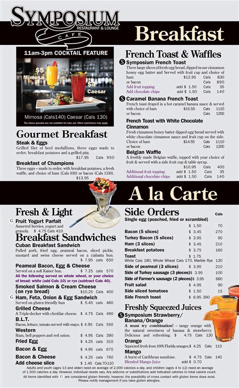 Breakfast & Brunch menu at Symposium Cafe Restaurants