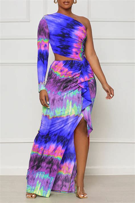 Wholesale Blue Purple Sexy Print Hollowed Out Patchwork Slit Oblique Collar Straight Dresses