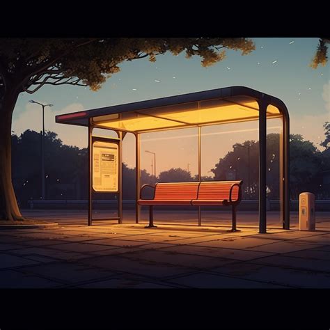 Premium AI Image A Bus Stop With A Yellow Roof And A Sign That Says