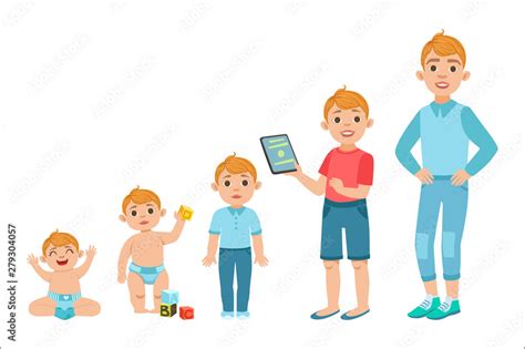 Caucasian Boy Growing Stages With Illustrations In Different Age Stock