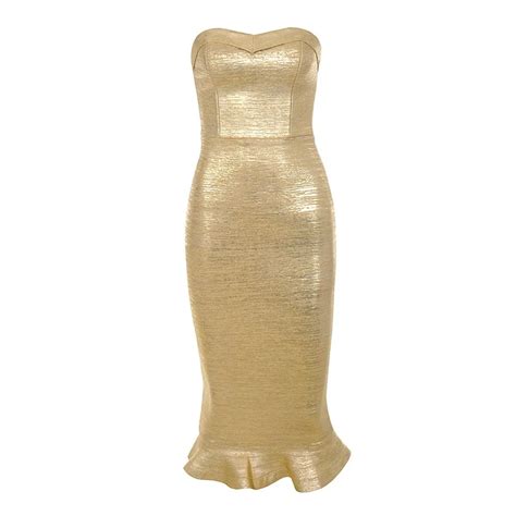 Gold Print Foil Bandage Party Dress Sexy Women Outfit Sleeveless Strapless Ruffles Cocktail Club