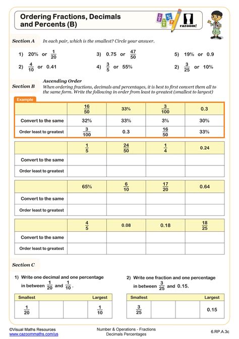 Ordering Fractions Decimals And Percents B Worksheet Th Grade