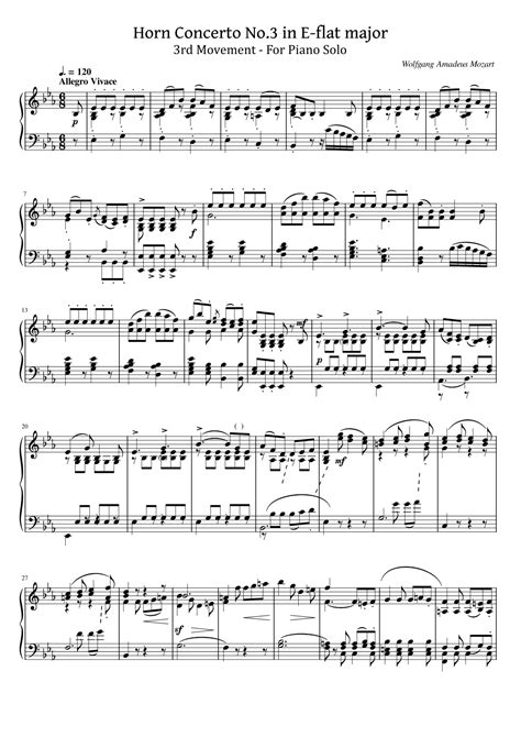 Horn Concerto No 3 In E Flat Major K 447 3rd Mov For Piano Solo