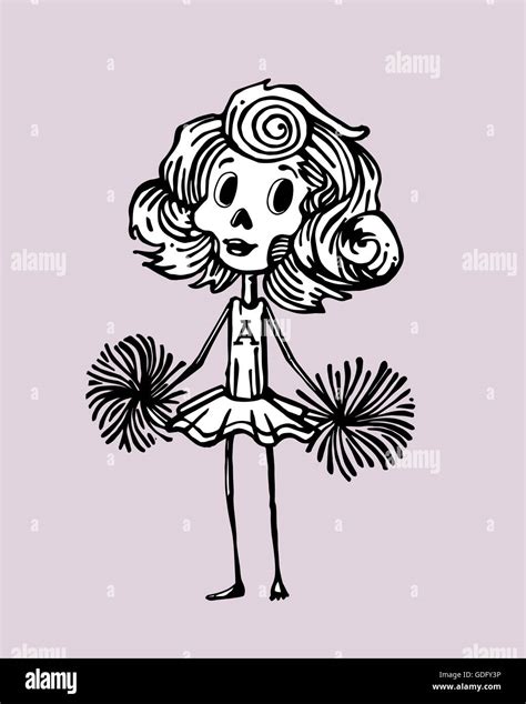 Hand drawn illustration or drawing of a woman skeleton as a cheerleader ...