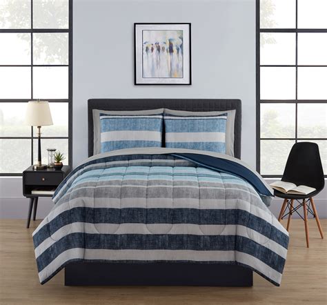 Mainstays 7 Piece Reversible Blue Stripe Bed In A Bag Comforter Set