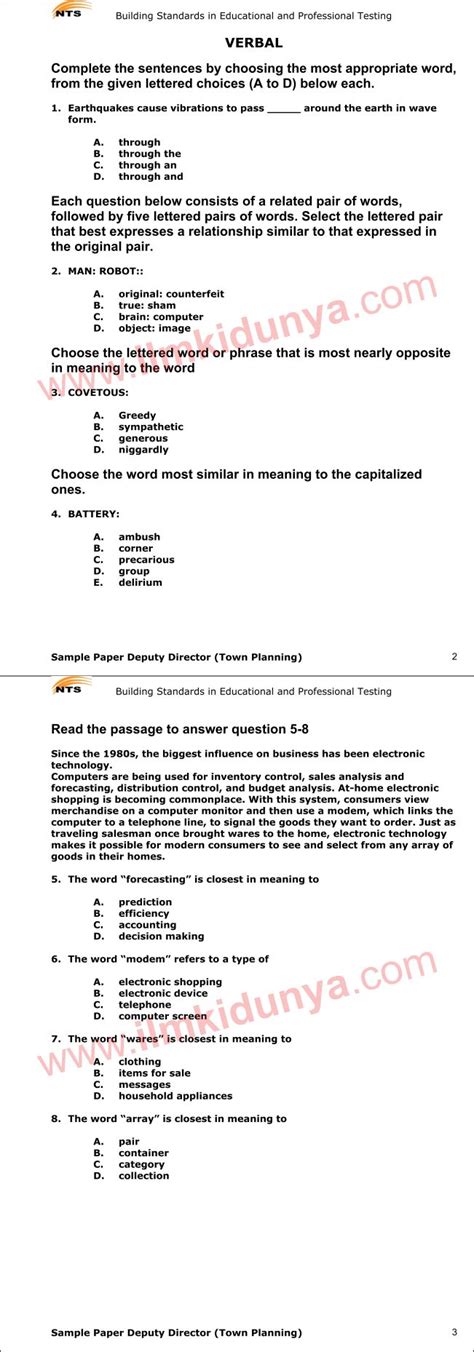 NTS Sample Past Papers Miscellaneous Deputy Director Verbal