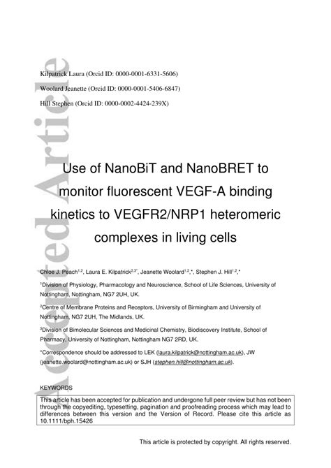 Pdf Use Of Nanobit And Nanobret To Monitor Fluorescent Vegf‐a Binding