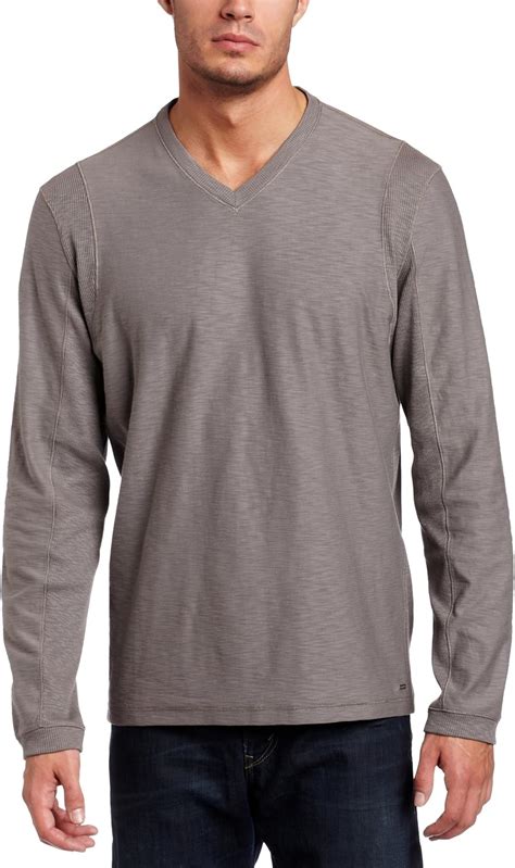 Calvin Klein Mens Long Sleeve V Neck Slub Knit Shirt Cliff Grey Small