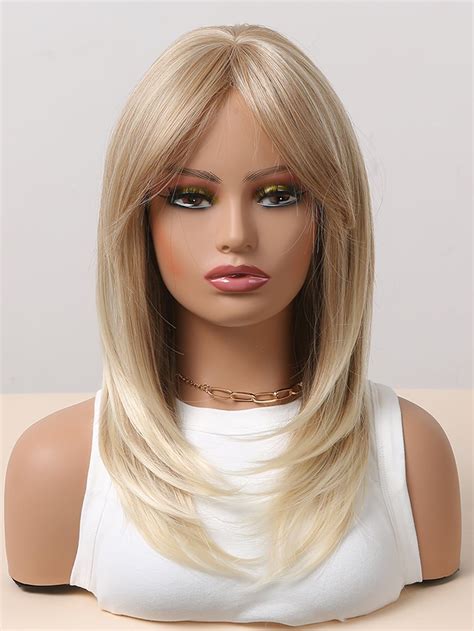 Long Blonde Golden Straight Synthetic Wigs For Women Mid Length Natural