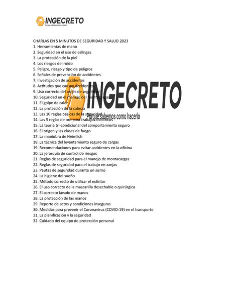 Charlas EN 5 Minutos DE Seguridad Y Salud 2023 CHARLAS EN 5 MINUTOS