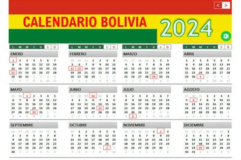 Calendario Bolivia Con Feriados Gratis En Excel Y Pdf