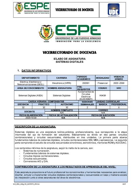 Silabo Sistemas Digitales Vicerrectorado De Docencia S Labo De