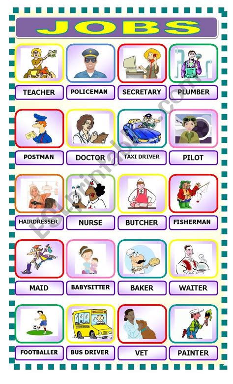 Jobs Occupations Professions Pictionary Poster Vocabulary