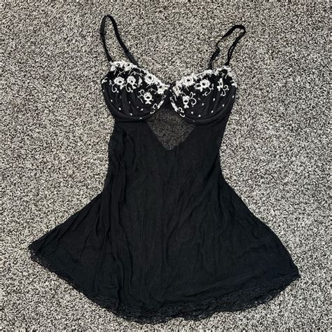 Intimates Sleepwear Black Mesh Lingerie Top With White Floral Embroidery Poshmark