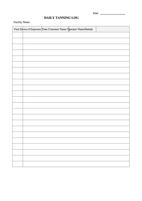 Daily Tanning Log Printable Pdf Download