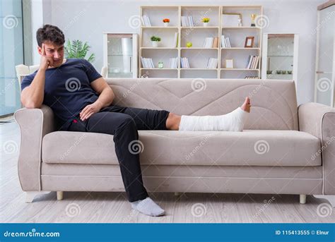 The Man With Broken Leg Recovering At Home Stock Image Image Of Bone