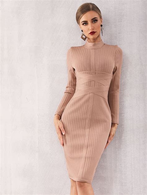 Adyce Mock Neck Pleated Midi Bandage Dress Shein Usa