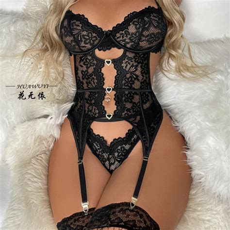 Lingerie Azul Sexy Sem Crotchless Feminina Macac O Oco De Renda Pijama