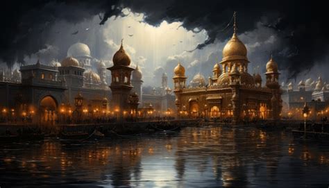 Premium Photo | Portrait of golden temple with dark clouds oil painting