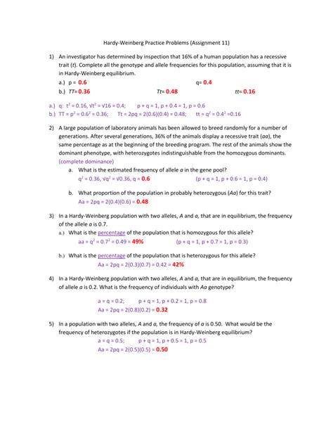 Practice Hardy Weinberg Problems And Answers Hardy Weinberg