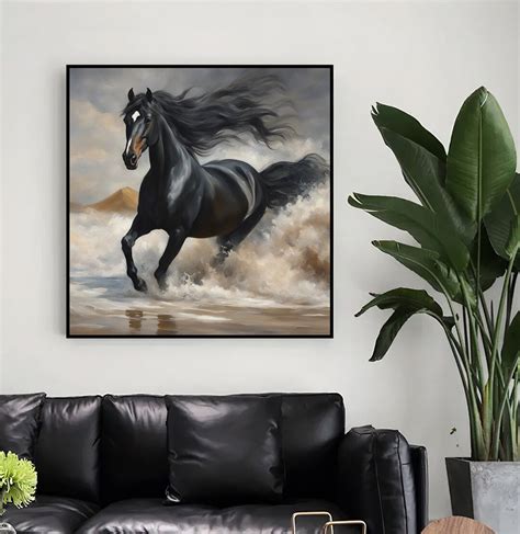 Printable Black Horse Oil Painting Effect Wall Art Print, Living Room ...